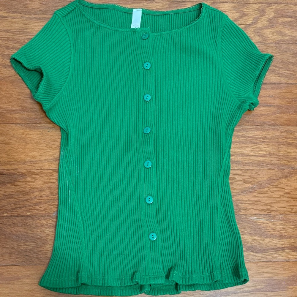 Green Ribbed Button-Up Women's Top